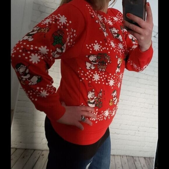 Vintage 80s 90s Kawaii Red Cute Teddy Bear Ugly Christmas Sweatshirt - Picture 2 of 10